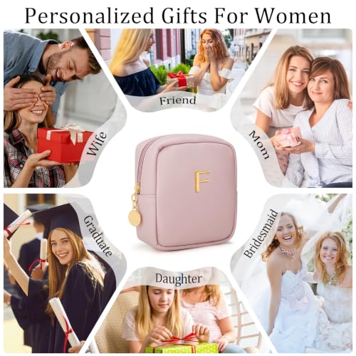 Initial Mini Makeup Bag Cosmetic Bag for Women | Personalized Gift, Toiletry Bags, 2 Mesh Pockets, Soft PU Leather, Water Proof Design, Smooth Zipper & Sturdy Build - size: 1pc Pink, style: F