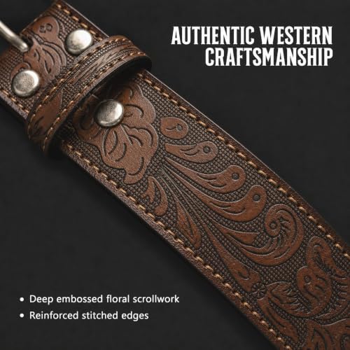 Western Leather Belt Strap - 1.5” Wide Embossed Scrollwork Without Buckle | For Men & Women, Cowboy/Cowgirl Style With Snaps - color: Brown, size: Large (36-38" Waist)