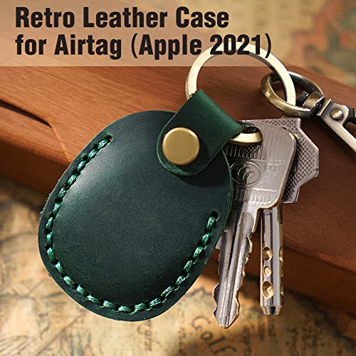 Genuine Leather AirTag Holder Compatible with Apple AirTag 2nd Gen & 1st Gen, Handmade Leather Air tag Keychain with Key Rings, Hidden Air tags Case Accessories - Green - color: Green