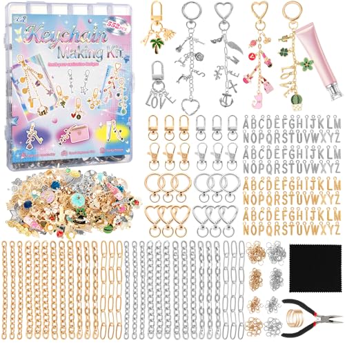 Zefy 552Pcs Charms Lipgloss Keychain Making Kit, DIY Bag Charm Gold Silver | 214 Charms & Letter, 24 Key Chain Clips with Organizer Box, 30 Extender Chains, Craft Supplies for Jewelry Making and Gifts - color: Gold Silver