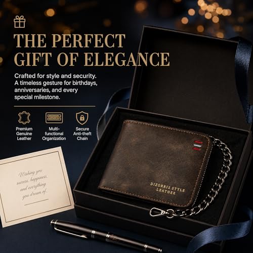 Men Leather Wallet With Zipper Chain Attached, Card Holder + Coin Pocket | Coffee Brown Mens Front Pocket With 11.8" Anti-Theft Chain, 9 Card Slots, 2 Clear ID Window, Coin Pocket and Gift Box Pack - size: Chain Wallet
