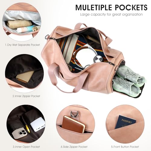 3PCS Faux Leather Weekender Bag for Women Men Travel Bag Overnight Bags | Leather Travel Duffel Bags for Traveling with Shoe Compartment Toiletry Packing Cube Carry On Tote Bag Men Fit 21.5" Laptop - color: Pink