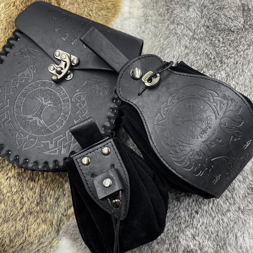 EpicCos 3 PCs Medieval Faux Leather Belt Bag Set, Renaissance Drawstring Pouch Dice Bag, Vintage Side Pack Coin Purse for LARP (Black A) - color: Black A