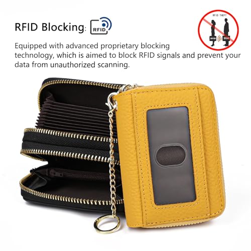 imeetu Rfid Credit Card Holder, Businese Card Case, Wallet for Women Men | Genuine Leather Card Wallet with id Window, Keychain & Double Zipper, Water-resistan Small Wallet with Gift Box, Daily Travel - color: Max - Yellow