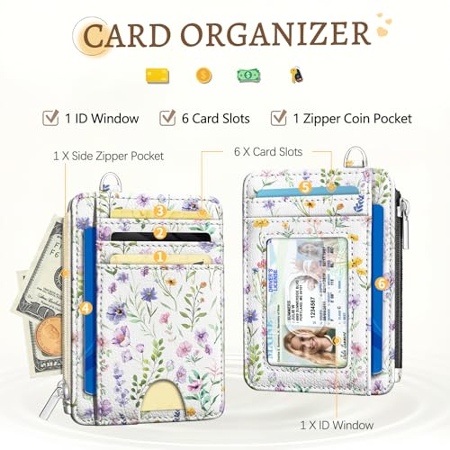 Kelvoris Credit Card Holder Small Wallet Women, Slim RFID, Flowers | Keychain, Zipper Coin Pocket, Front Pocket Thin Travel Card Case, Minimalist, 6 Card Slots, 1 ID Window, Ladies Gifts Woman - color: Purple Flower