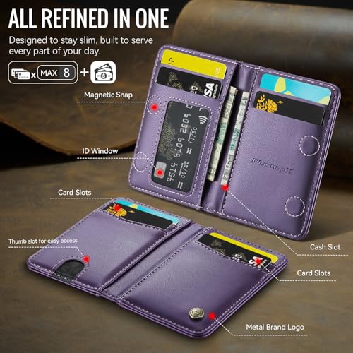 Slim Wallet for Women RFID Blocking Credit Card Holder Bifold Front Pocket Mini Wallet with 8 Card Slots and 2 Cash Pockets, Minimalist PU Leather Small Travel Purse Compact Gift, Purple - color: Purple