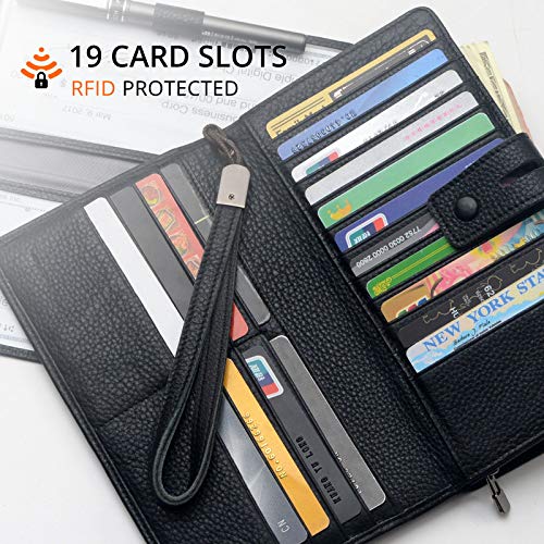 Bveyzi Women's Big Fat Rfid Leather Wristlet Wallet Organizer Large Phone Checkbook Holder with Zipper Pocket (Black) - color: Black