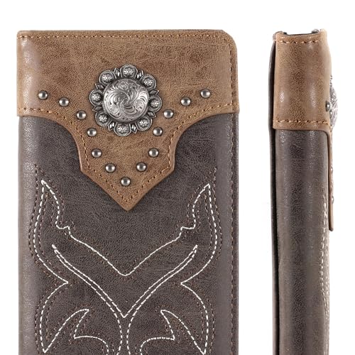 Montana West Western Wallet for Men Long Bifold Wallet with Card Slots RFID Blocking Cowboy Vintage Checkbook Wallet Gift for Men - color: 614 Coffee