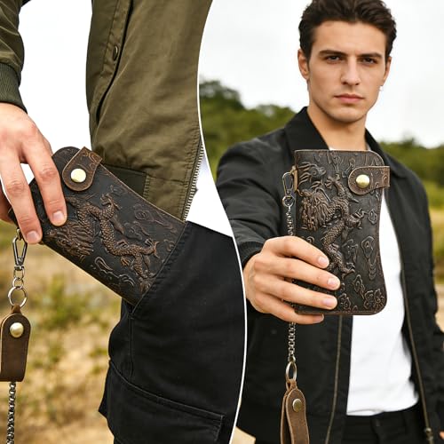 Genuine Crazy Horse Leather Travel Gift Coin Pocket Card Case Long Organizer Chain Rfid Wallet Purse With Snap For Men Male 1088 (1088 Dark Brown-Dragon) - color: 1088 Dark Brown-Dragon