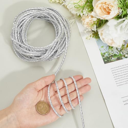 GORGECRAFT 10m Round Braided Leather Cords 4mm Bolo Tie Strings Silver Faux Leather Necklace Cord Metallic Braiding PU Leatherette Rope Beading Threads for Bracelet Keychain Jewelry Making DIY Crafts - color: Silver, size: 4mm*10m