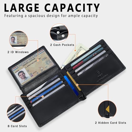 Travelambo Genuine Leather Wallet for Men with Gift Box - Handmade Bifold Stylish - Mens Wallets Rfid Blocking with 2 ID Windows - color: Craze Horse Black