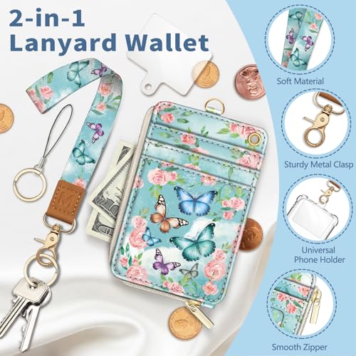 Butterfly Lanyard Wallet with Id Badge Holder Keychain Card Women - color: Butterfly Flower
