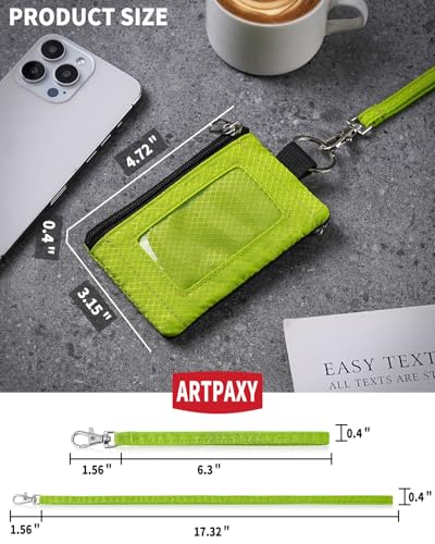 Artpaxy Minimalist Wallet For Mens Womens, Keychain RFID Blocking Zipper Small Wallet with ID Window 2 Lanyards,Water Resistant Travel Cash Card Coin Case Boys Girls - color: Neon green