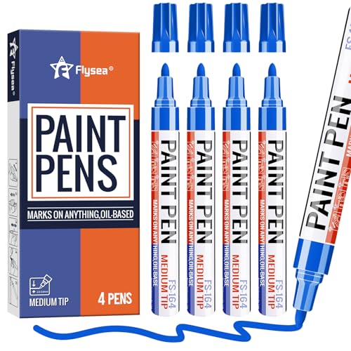 Blue Paint Pens 4 Pcs Oil Based Medium Tip Permanent Marker Pen | Waterproof, Quick-drying, Fade Resistant, 3mm Paint Markers for Rock Painting, Plastic, Metal, Car Tyre, Glass, Wood, Canvas - color: Blue