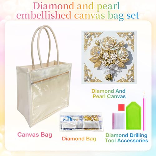Xylzzuit DIY Pearl Painting Canvas Tote Bag Kit 11.42IN Diamond Art Handbag for Women Shopping Grocery Bag Dots Beads Art Craft Gift (Flower01) - color: Flower01