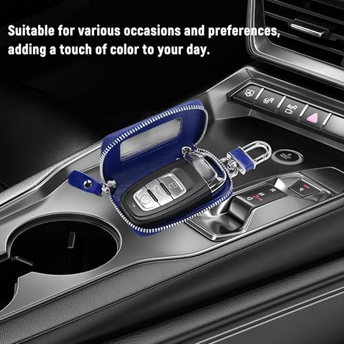 Car Key Fob Case, Remote Keys Storage Bag with Metal Hook & Transparent Window, Waterproof Leather Auto Key Fob Holder Keychain Zipper Bag for Women Men, Car Accessories (Royal Blue) - color: Royal Blue