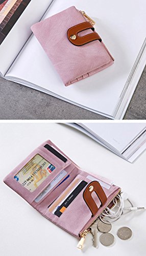 AOXONEL Women's Rfid Small Bifold Leather Wallet Ladies Mini Zipper Coin Purse id card Pocket,Slim Compact Thin - color: Pink