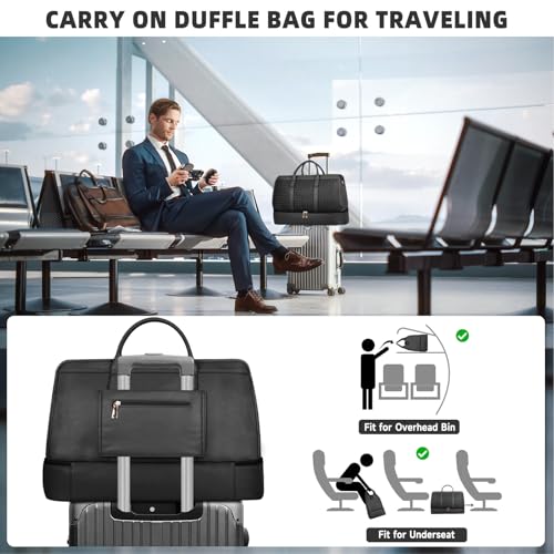 Bolosta Travel Duffle Bag for Men Women, PU Leather Duffel Bag for Traveling, Large Carry on Weekender Overnight Bag with Shoe Compartment, Perfect for Travel/Daily Use - color: C-Black