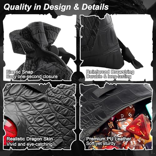 Haxtec Dragon Dice Bag, PU Leather Pouch with 3D Glass Dragon Eye | Drawstring, DND Dice Bag, For Dungeons & Dragons, D&D Gifts for Dragon Gamer and Lovers, Medium, Patent D893867 - color: Red, size: Medium