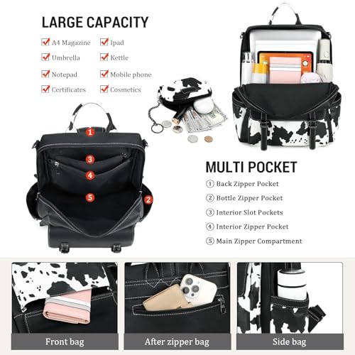 AGLOD Backpack Purse for Women PU Leather Back Packs Designer Ladies Shoulder Bag Fashion Faux Work Travel Handbags - color: Black Cow