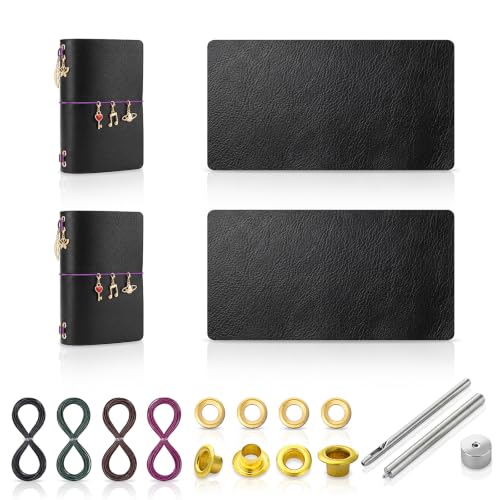 Chicplaid 2 Set DIY Leather Making Kit for Passport Small Journal Pocket Notebook Cover with 2 Full Grain Cowhide Sheet, 4-Color Elastic Cords, Brass Eyelets & Essentials with Manual - color: Black, style: Passport