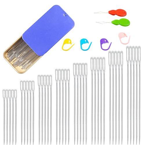 40PCS Large Eye Sewing Needles - 8 Sizes Hand Sewing Sharp, Embroidery, Leather, Stainless Steel Yarn With Threaders & Stitch Markers (Blue) - color: Blue