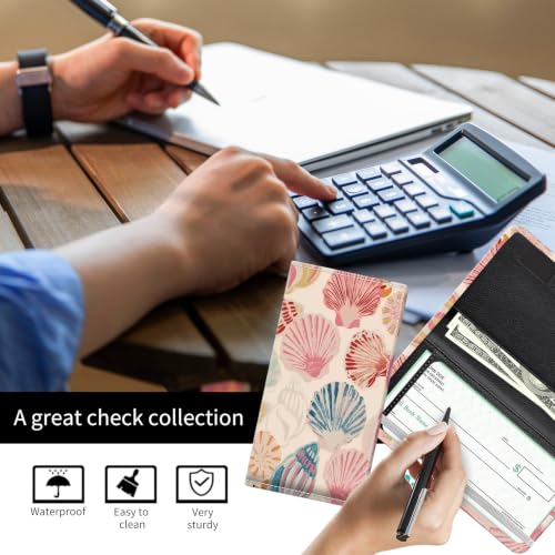 Checkbook Cover for Personal Checkbook, Cute Pu Leather Check Book for Women & Men, Slim Checkbook Holder with Pen Holder and Built-in Clear Plastic Divider, Pastel Shell - color: Pastel Shell