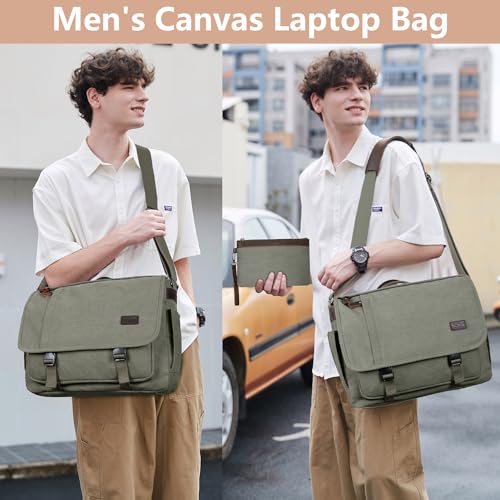 Nerlion Messenger Bag for Men 17-17.3 Inch Laptop Bag Canvas Water-resistant Computer Bag Shoulder Bag Work Briefcase Bookbag for College (Green) - color: Green