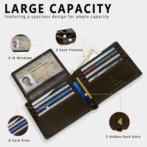 Travelambo Genuine Leather Wallet for Men with Gift Box - Handmade Bifold Stylish - Mens Wallets Rfid Blocking with 2 ID Windows - color: Craze Horse Coffee