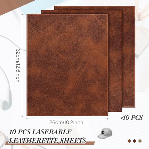 10 Pcs Laserable Leatherette Sheets Adhesive Backing, Tan | 12.6x10.2 Inch Faux Leather Fabric for Hat Patches, Blank Engraving, Laser Cutting, DIY Crafts Material, Peel Stick Backing - color: Tan