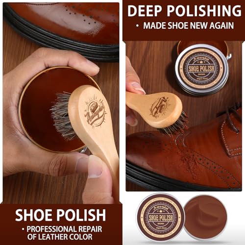 12 PCS Shoe Polish Kit - Horsehair Brushes, Black Brown Neutral Polish,Mink Oil Conditioner for Shoes,Polishing Cloth, Leather Boots Shine Care Kit ﻿Gift for Men Cowboy Husband Dad