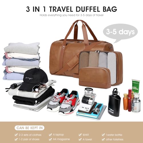 3PCS Faux Leather Weekender Bag for Women Men Travel Bag Overnight Bags | Leather Travel Duffel Bags for Traveling with Shoe Compartment Toiletry Packing Cube Carry On Tote Bag Men Fit 21.5" Laptop - color: Light Brown