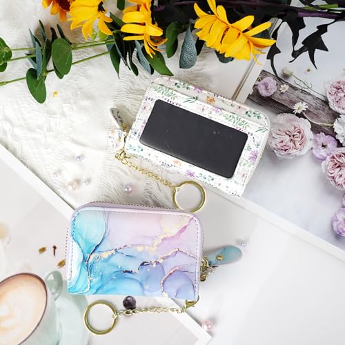 Credit Card Holder Glitter Shining Leather Small Cute Double Zipper Card Wallet for Women with Keychain,White Daisy - color: White Daisy