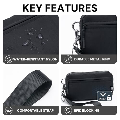 Nylon Wristlet Wallets for Women, Zip Crossbody Phone Purse with Card Slots | Two detachable straps, 8 card slots, clear ID window, dual compartments, and room for a 6.9-inch phone - color: Black