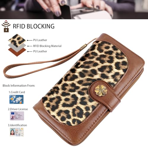 Coco Rossi Light Leopard Print Wallet for Women Large Capacity Long Purse | RFID Blocking, Clutch, Multi Card Holder Wallet, Ladies Purse with Wrist strap Purse, Sunflower Snap Button - color: Light Leopard Print