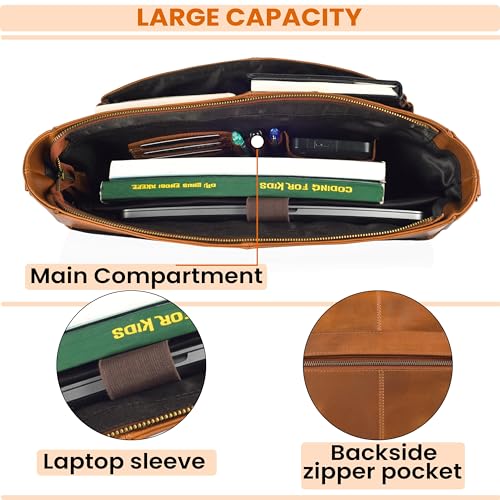 Genuine Leather Messenger Bag - Crossbody Briefcase Satchel Bag for Men & Women - Office, Work, Travel & Daily Use - color: Tan (Strap)