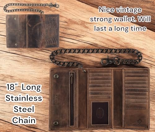 F&L CLASSIC RFID Blocking Mens Tri-fold Long Style Cowhide Leather Steel Chain Wallet,brown eagle/flag,212-101 - color: brown with eagle/flag