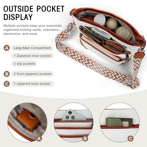 TANTOMI Crossbody Bag for Women PU Leather Travel Purse | Trendy Women's Shoulder Handbags, Comfort Adjustable Wide Strap, Water-Resistant, Multi Pockets for Daily Use & Travel - color: White/Light Brown