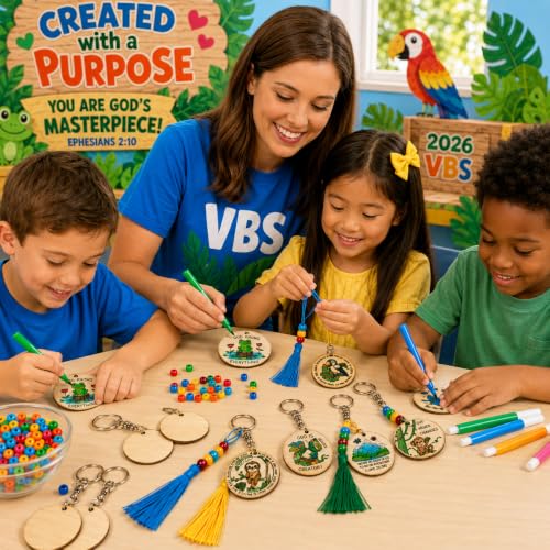 Cinrobiye 24 Pcs Rainforest Animal Wooden Keychain Craft Kit, DIY Wood Keychain Blanks to Paint with Beads Tassels, Jungle Animal Activity Set for VBS, Sunday School, Church Classroom, Camps, Parties - style: Rainforest