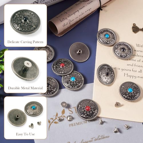 12 Sets Screw Back Buttons Faux Turquoise Round Conchos Vintage Castings Screw Back Button Western Style Leather Decorative for Clothes Shoes Belt Fabrics Sewing Bags 25mm - color: #04-Faux Turquoise-12 Sets