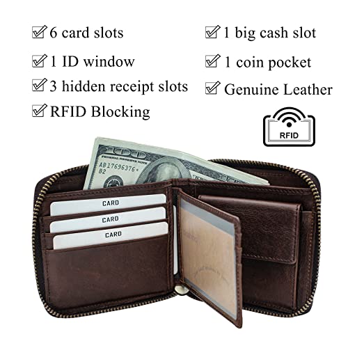 boshiho Genuine Leather Bifold Chain Wallet for Men RFID Blocking - color: Coffee 02
