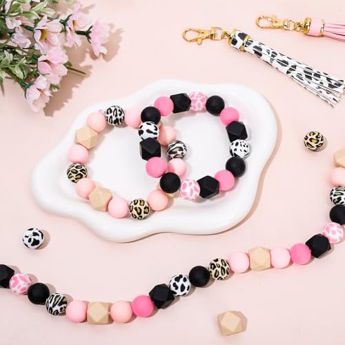 JarThenaAMCS Leopard Print and Cow Print Silicone Beads for Keychain Making Kit with 15mm Assorted DIY Silicone Beads Leather Tassels Key Rings for Office School Party Favors Decor
