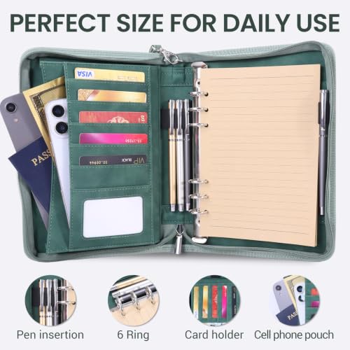 A5 Binder 6 Ring with Zipper, Portable Planner for Travel & Study - color: Green