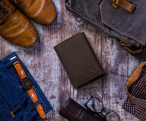 Stealth Mode Leather Trifold RFID Wallet For Men With Flip Out ID Holder - color: Crazy Horse Brown