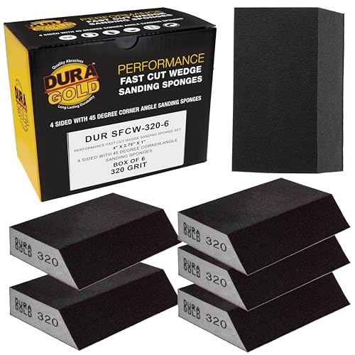 Dura-Gold 320 Grit 4-Sided Hand Sanding Block Sponges with Angled Edge, Box of 6 - Performance Flex 3.9" x 2.75" x 1" Wet or Dry Flexible Sandpaper Abrasive Pads - Sand Wood, Drywall, Metal Auto Paint - style: 320 Grit