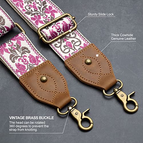 Nefelibata Purse Strap-2" Crazy Horse Leather Wide Shoulder Strap Adjustable Replacement,Retro Jacquard Embroidery Multi-pattern Crossbody Bag Straps for Handbag,Crossbody Bags(Purple Embroidery) - color: Purple Embroidery