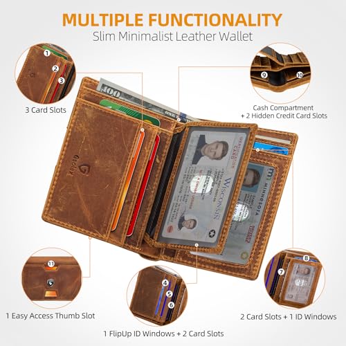GSOIAX Wallet for Men Slim Top Grain Leather Wallet with 13 Card Slots & 1 Bill Compartment - RFID Blocking Thin Bifold Front Pocket Credit Card Holder (Brown) - color: Brown