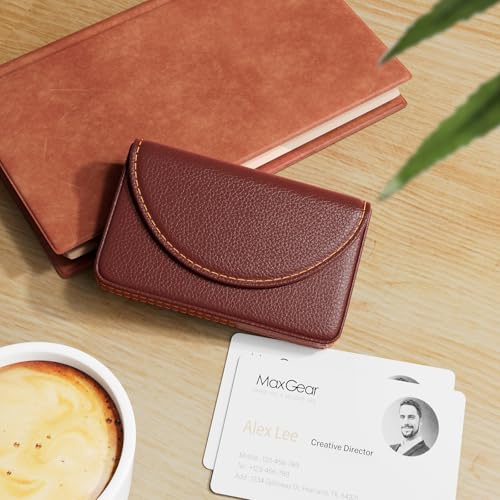 MaxGear Business Card Holder Case, PU Leather Business Card Case, Coffee | Pocket Name Card Holder Wallet for Purse, Portable Business Card Carrier with Magnetic Closure, Slim Stylish Men Women Gift - color: Coffee