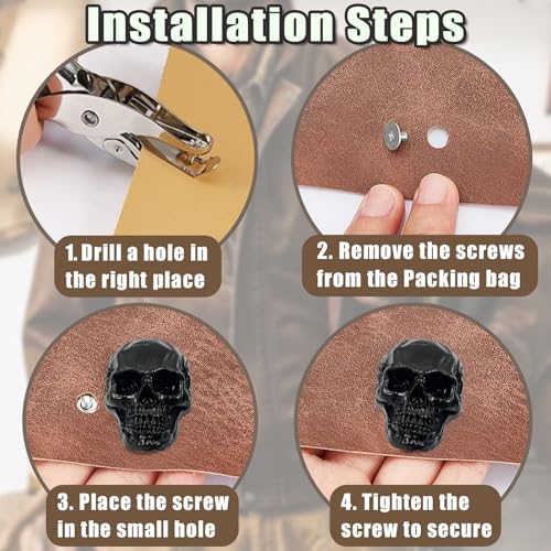 Skull Leather Decorative Buttons Punk Stud Screw Back Buckle Vintage Metal DIY Decor Suitable for Jeans Screw Backs - color: Black