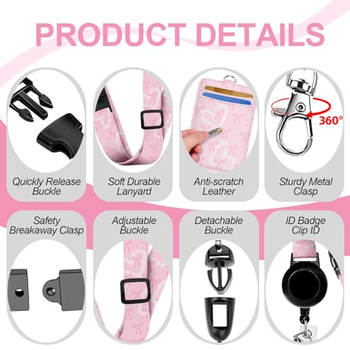 Cute Pink Bow Lanyards for Id Badges, Badge Holder with Retractable Reel Clip, Leather Work Name Tag Breakaway Lanyard Vertical ID Card Protector Case for Women Nurse Doctor Teacher Student - color: Cute Pink Bow